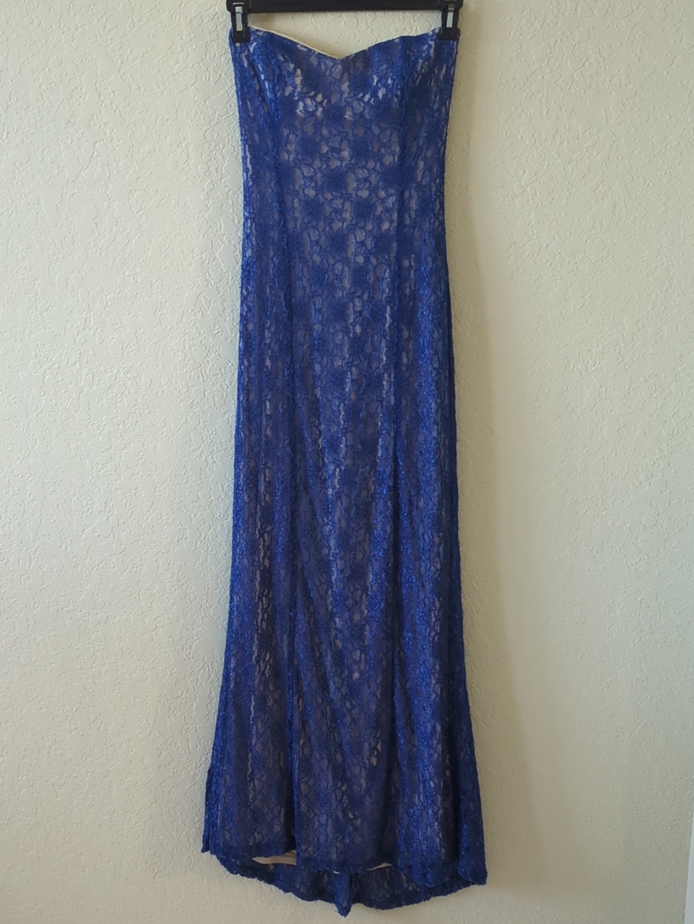 Teeze Me Royal Lace Strapless Maxi Dress in Blue
